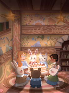 A girl, a boy and a group of animals sitting in a cottage with a magical cake