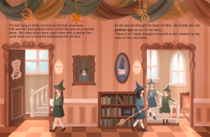 illustration of a school hallway in a magic school