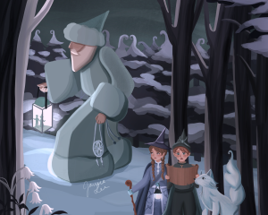 Illustration of two adventurers and a wolf get lost in a land of snow giant
